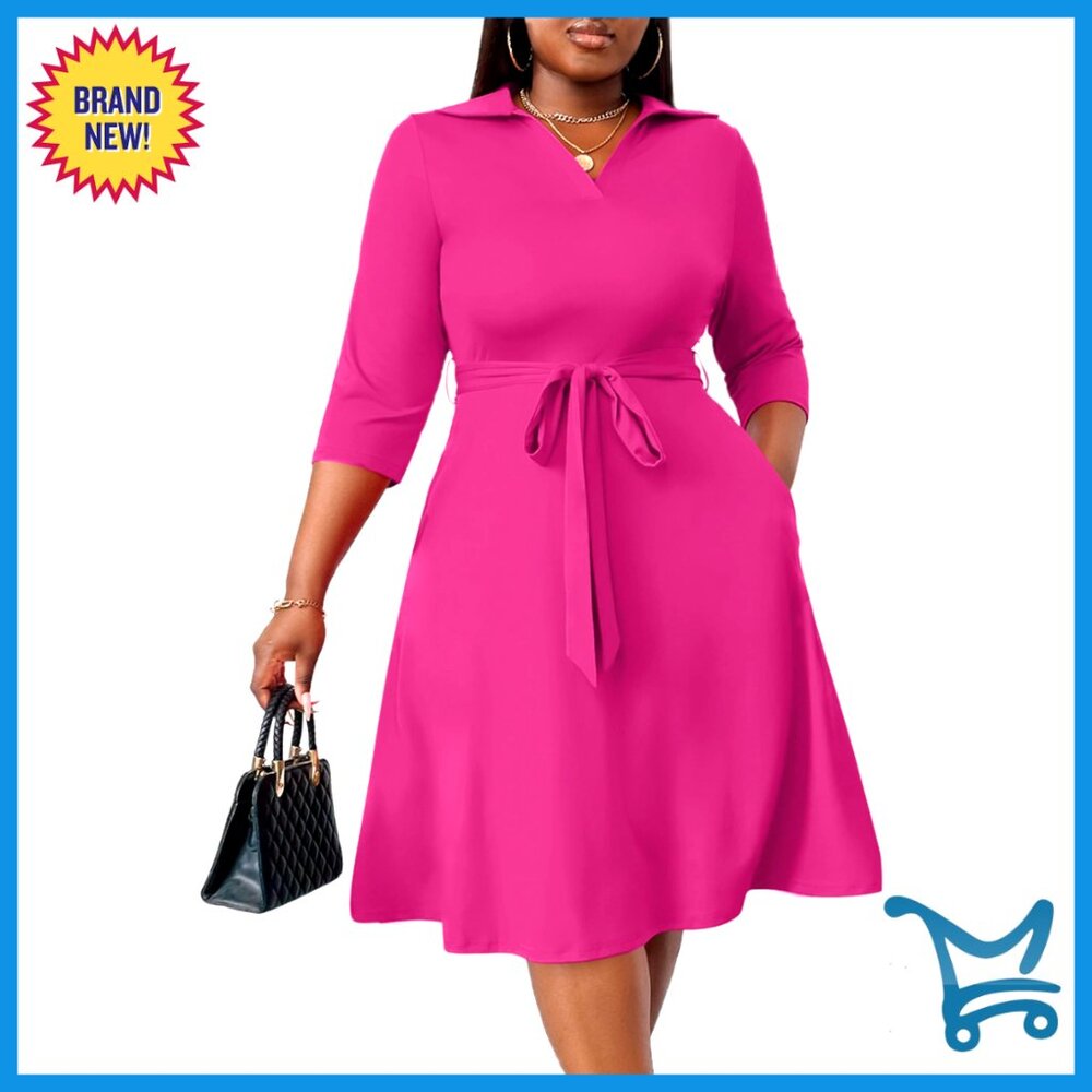 Plus Size Midi Dress Elegant Cocktail Party Wear 3/4 Sleeve V Neck